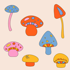 Set icons with different colored mushrooms with a dark stroke in hippie style
