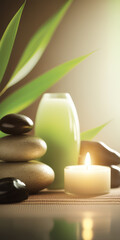 Fototapeta na wymiar Zen spa relaxation. Concept Feng Shui. Ambiance salon de beauté massage. Bannière avec bambou et pierres empilées. Atmosphère calme et reposante. Generative AI