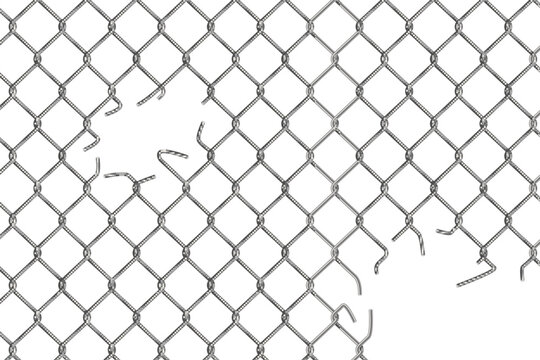 Holes in wire mesh of steel fence, 3d torn metal chains of net cage, construction barrier