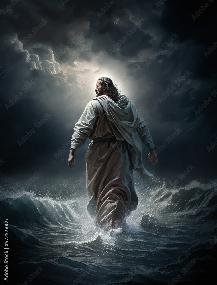 Wall mural jesus christ walking on water during storm heavenly rays coming from cloudy sky painting - Wall murals
