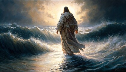 Jesus Christ Walking On Water During Storm Heavenly Rays Coming From Cloudy Sky Painting - obrazy, fototapety, plakaty