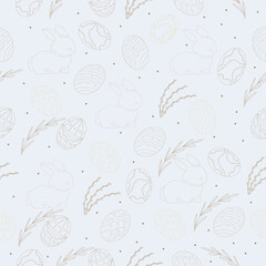 Many drawn Easter eggs, bunnies and branches on light background. Texture for design