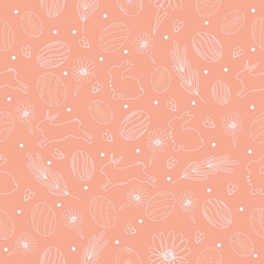 Many drawn Easter eggs, bunnies and flowers on pink background. Texture for design