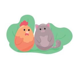 Cute Easter chicken and cat on white background