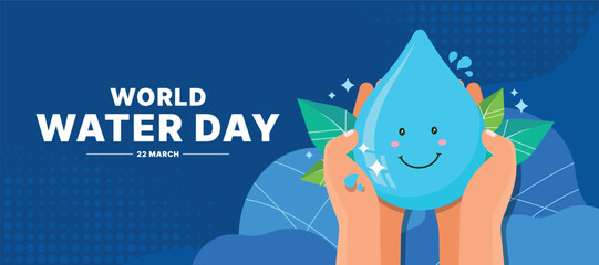 world water day - hands hold cute drop water charecter and leafs around on blue background vector design