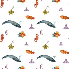 Fish whale sea horse ocean pattern watercolor