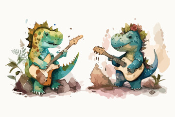 guitarist Cute doodle dinosaur, kids dinosaur with watercolor vector illustration