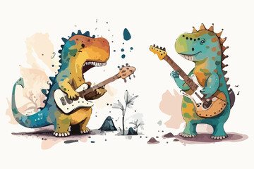 guitarist Cute doodle dinosaur, kids dinosaur with watercolor vector illustration