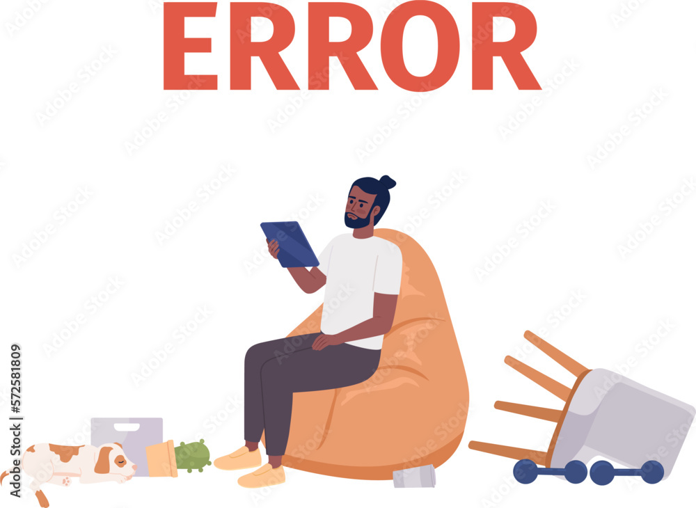 Poster losing internet connection on tablet 404 page not found illustration. displeased man with mess aroun