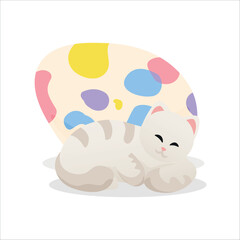 Cute cat with Easter egg on white background
