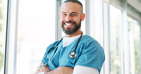 Mature man, face or nurse arms crossed in hospital with surgery ideas, life insurance vision or...