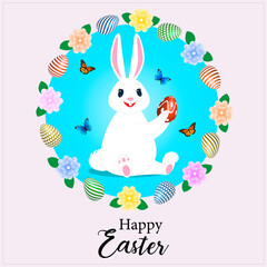 Vector Illustration of Happy Easter Holiday with Rabbit, Painted Egg, Butterflies and Flowers on Shiny Blue Background. 