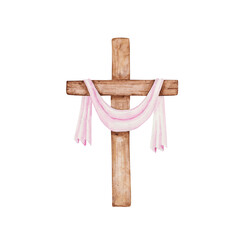 Wooden cross isolated. Watercolor wooden Christian cross with a piece of pink fabric. The hand-painted catholic or orthodox symbol for the first community, baptism, and Easter.