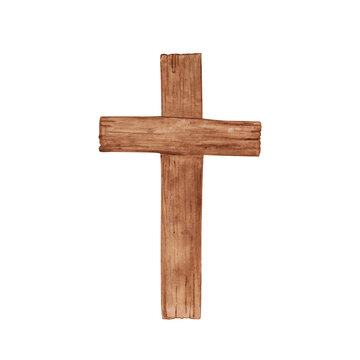 Religious cross isolated on a transparent background. Watercolor wooden Christian cross illustration. The hand-painted catholic or orthodox symbol for the first community, baptism, and Easter.