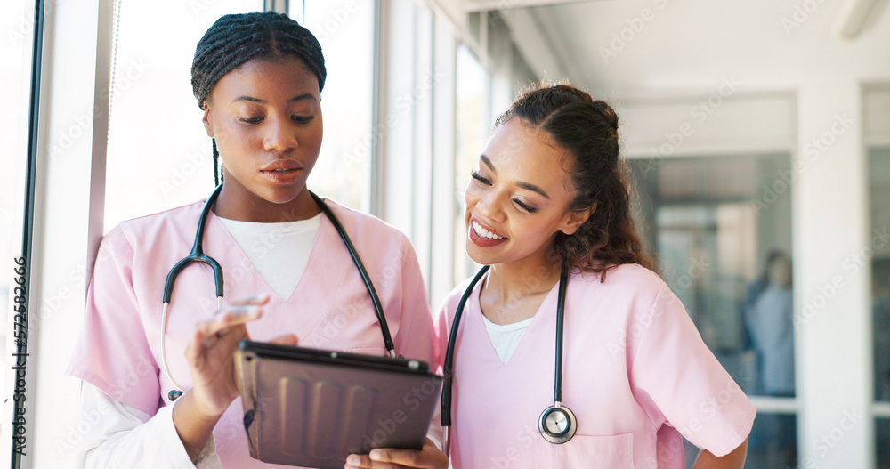 Wall mural Healthcare, tablet and nurses talking and planning schedule for medical team while online with hospital wifi. Women nursing staff meeting using technology for training, innovation and medicine