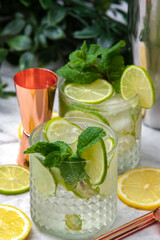 Fresh mojito cocktail with lime and mint in a glass