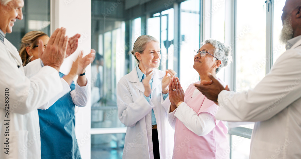 Canvas Prints Doctor, nurse and team applause in celebration for healthcare achievement, goal or promotion at hospital. Group of medical professional clapping and celebrating teamwork, unity or victory at clinic