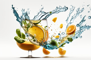 Fototapeta na wymiar orange water splash, staying hydrated by drinking enough water to boost immunity, wellness food by Generative AI