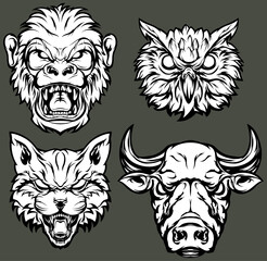 Head of cat, monkey, owl, bull. Abstract character illustrations. Graphic logo design template for emblem. Image of portraits.