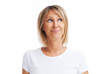 Fototapeta premium Picture of blonde woman over back isolated background