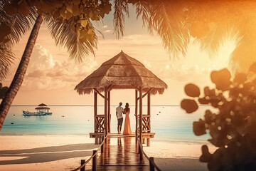 A couple in love in an arch on a tropical island. Generative ai.