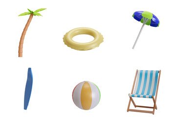 3d elements of summer beach objects. Items used for sunbathing, outdoor activities, or leisure recreation