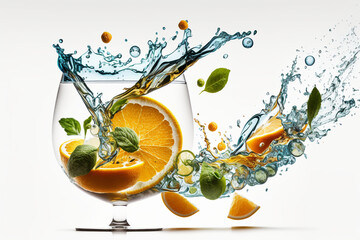 Fototapeta na wymiar orange juice splash, staying hydrated by drinking enough water to boost immunity, wellness food by Generative AI