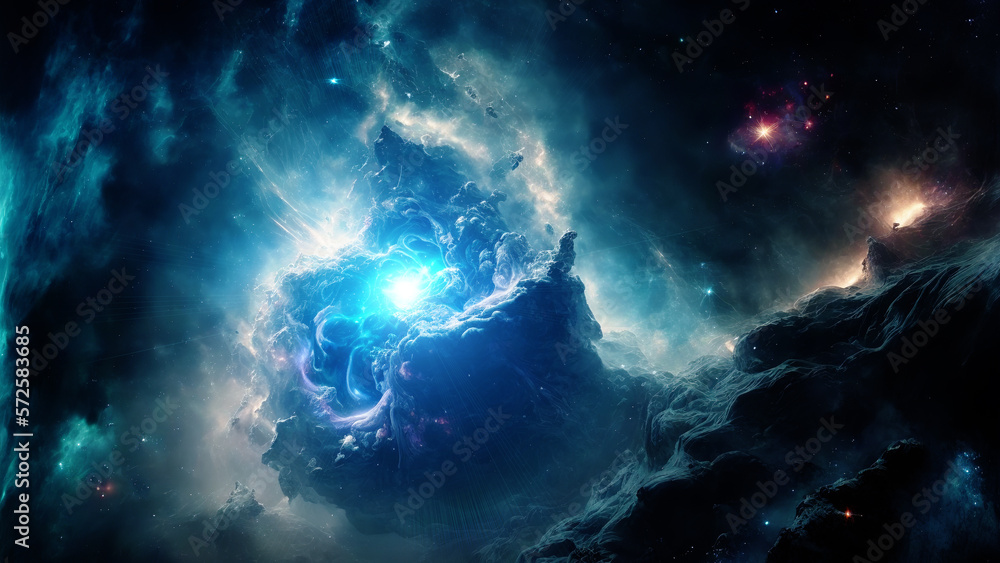 Poster Large panoramic view of a colorful dark blue nebula in space. Cosmic background with bright shining stars, galaxies and deep universe. Generative ai