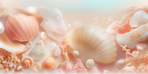Banner with sea shells under water, delicate colors. Created with Generative AI.