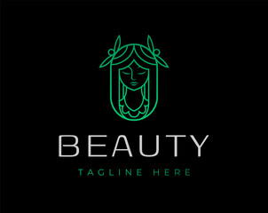 Beauty Woman with Nature Leaf Logo Design.