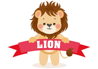 Cute lion holding a ribbon banner