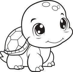 Cute Turtle cartoon. Black and white lines. Animal Coloring page for kids. Activity Book. 