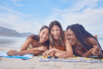 Funny, happy and portrait with friends on beach for travel, diversity and summer break with blue...