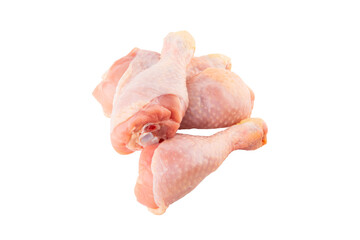 Raw chicken legs isolated on white background with clipping path. Three chicken drumstick close-up