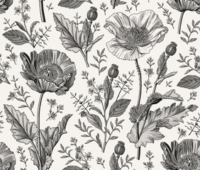 Seamless pattern. Beautiful blooming realistic isolated flowers. Vintage background fabric. Poppy Poppies wildflowers set. Wallpaper baroque. Drawing engraving sketch Vector victorian illustration © Наталья Лобенко