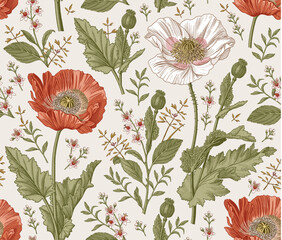 Seamless pattern. Beautiful blooming realistic isolated flowers. Vintage background fabric. Poppy Poppies wildflowers set. Wallpaper baroque. Drawing engraving sketch Vector victorian illustration © Наталья Лобенко