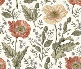 Seamless pattern. Beautiful blooming realistic isolated flowers. Vintage background fabric. Poppy Poppies wildflowers set. Wallpaper baroque. Drawing engraving sketch Vector victorian illustration © Наталья Лобенко