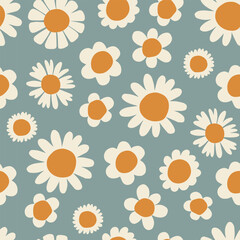 Abstract square seamless patterns with vintage daisy flowers. Blue pattern. Retro floral vector background surface design, textile, stationery, wrapping paper, covers. 60s, 70s, 80s style. Vector 