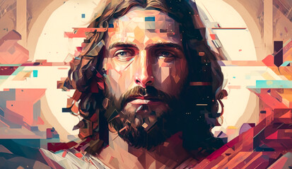 Abstract art. Colorful painting art portrait of Jesus. Jesus Christ. Christian illustration. Generative AI.