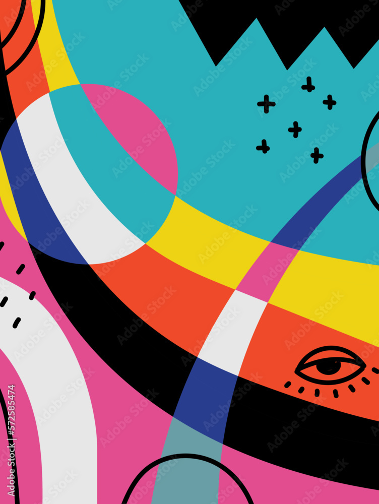 Poster hand drawn abstract space background with various geometric shapes and doodle objects. contemporary 