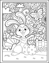 Coloring book for children: easter bunny with eggs in the garden