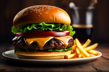 Beautiful Burger photo wallpaper with french fries & colddrink - Generative AI