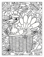 Coloring book for adult and older children. Coloring page with a picture of a turkey in a basket.