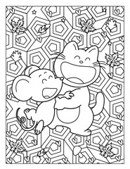 Coloring book for children: happy cat and mouse in autumn forest
