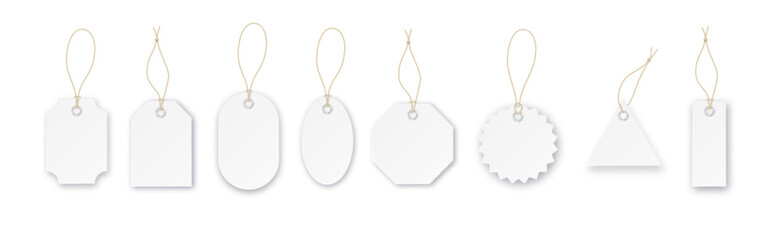 Blank paper price vector tags or gift tags in different shapes. Set of labels with cord. Vector