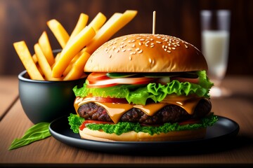 Beautiful Burger photo wallpaper with french fries & colddrink - Generative AI