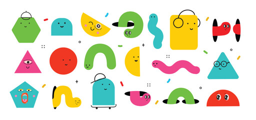 Cute cartoon geometric figures with different face emotions, funny poster idea for kids. Colorful characters with textures, trendy vector illustrations, basic various figures