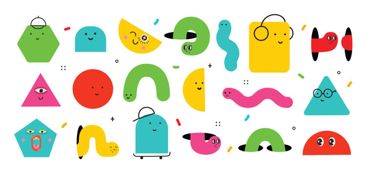 Naklejki Cute cartoon geometric figures with different face emotions, funny poster idea for kids. Colorful characters with textures, trendy vector illustrations, basic various figures