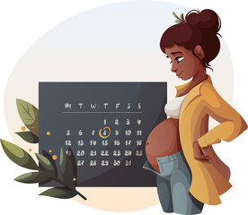 Pregnant woman standing in profile and Monthly Calendar. Motherhood, Pregnancy Planning, Childbirth, baby waiting concept. Vector Illustration for poster, banner, website.