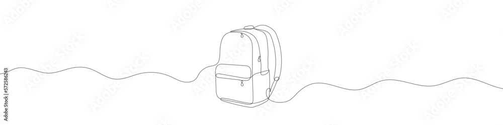Poster one continuous line drawing of backpack. backpack in one linear drawing. one line drawing background
